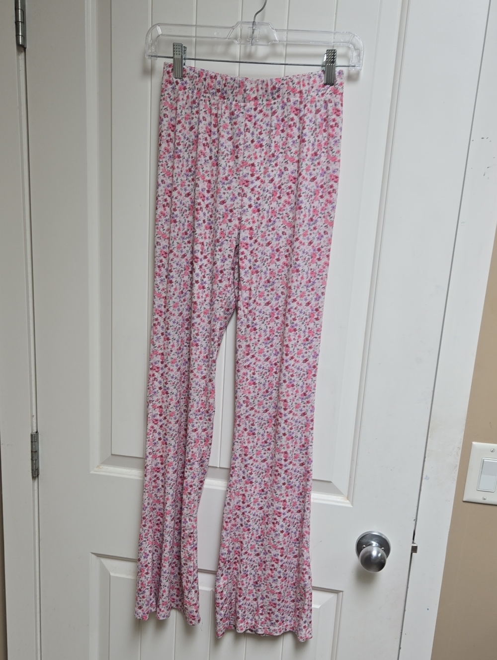 Forever 21 Women's Small Pink Flowers Floral Boot‑Cut Pants Stretchy